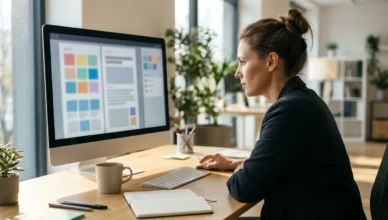 Marketer at a desk reviewing colour-coded content blocks on a desktop monitor in a bright office