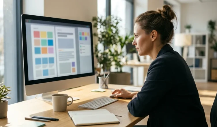 Marketer at a desk reviewing colour-coded content blocks on a desktop monitor in a bright office